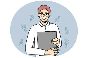 Smiling young man with folder in hands generate creative business ideas. Happy motivated guy in glasses holding paperwork document. Business and creativity. Vector illustration.