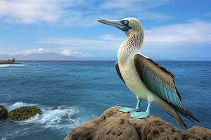 ai generado el raro patas azules bobo descansa en el playa. ai generado foto