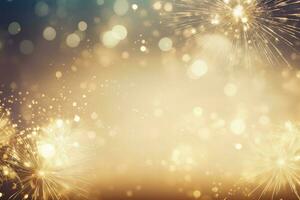 AI generated Gold Vintage Fireworks and bokeh on New Year's Eve and copy space. AI Generated photo