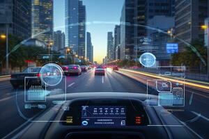 ai generado moderno inteligente coche tecnología inteligente sistema utilizando cabezas arriba monitor hud autónomo yo conducción modo vehículo en ciudad la carretera con gráfico sensor Radar señal sistema inteligente coche. foto