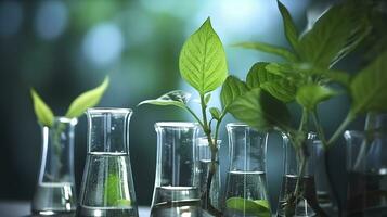 AI generated Biotechnology concept with green plant leaves, laboratory glassware, and conducting research, illustrating the powerful combination of nature and science in medical advancements. photo