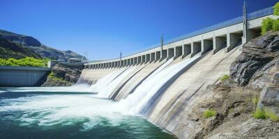 ai generado hidroeléctrico represa generando verde energía desde fluido agua. ai generado. foto