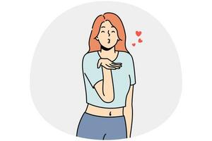 Happy young woman make hand gesture send air kisses. Smiling girl share love and affection. Romance and relationship. Vector illustration.