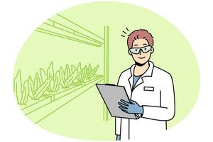 Smiling male scientist in uniform growing plants in laboratory. Happy man researcher make experiments in lab or greenhouse. Vector illustration.