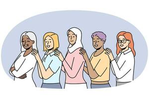 Group of smiling multiracial women stand together showing unity and support. Happy interracial multiethnic females demonstrate togetherness. Vector illustration.