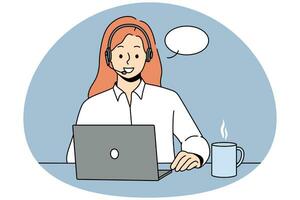 Smiling woman in headset sit ta desk talk on video call on computer. Happy female call center agent have online conversation on laptop. Vector illustration.