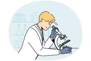 Young man scientist in white medical uniform look at sample in microscope in lab. Male researcher examine specimen in laboratory. Medicine and biotechnology. Vector illustration.