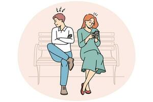 Angry man mad at busy woman using cellphone texting or messaging online in gadget. Stubborn couple sit on bench have relationship problems. Vector illustration.