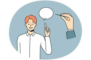Huge hand pierce speech bubble reject comments or arguments. Person puncture talk balloon of man speaking. Criticism and opinion variety. Vector illustration.