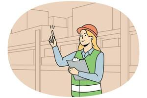 Woman engineer in uniform working at warehouse. Female employee in helmet busy at depot or storehouse. Vector illustration.