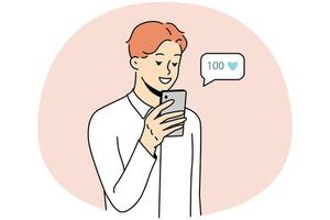 Smiling young man using cellphone collect likes on social media. Happy male look at mobile phone screen get acknowledgment from subscribers. Vector illustration.