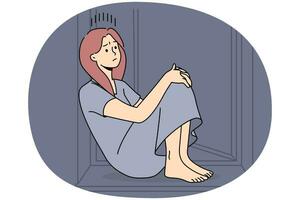 Unhappy woman sit on windowsill suffer from loneliness or solitude. Upset sad girl struggle with depression or mental psychological problems. Vector illustration.
