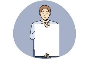 Smiling man hold white empty poster for advertising copy space. Happy male demonstrate mockup on paperwork for ad placement. Vector illustration.