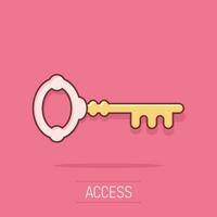Key icon in comic style. Access login vector cartoon illustration pictogram. Password key business concept splash effect.