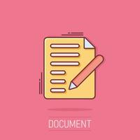 Document note icon in comic style. Paper sheet vector cartoon illustration pictogram. Notepad document business concept splash effect.