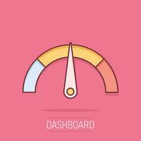 Meter dashboard icon in comic style. Credit score indicator level vector cartoon illustration pictogram. Gauges with measure scale business concept splash effect.