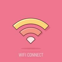 Wifi internet icon in comic style. Wi-fi wireless technology vector cartoon illustration pictogram. Network wifi business concept splash effect.