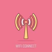 Wifi internet icon in comic style. Wi-fi wireless technology vector cartoon illustration pictogram. Network wifi business concept splash effect.