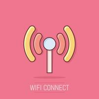 Wifi internet icon in comic style. Wi-fi wireless technology vector cartoon illustration pictogram. Network wifi business concept splash effect.