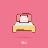 icono de cama en estilo cómico. dormir dormitorio vector dibujos animados ilustración pictograma. relajarse sofá concepto de negocio efecto de salpicadura.