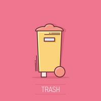 Trash bin garbage icon in comic style. Trash bucket vector cartoon illustration pictogram. Garbage basket business concept splash effect.