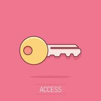 Key icon in comic style. Access login vector cartoon illustration pictogram. Password key business concept splash effect.