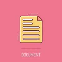 Document note icon in comic style. Paper sheet vector cartoon illustration pictogram. Notepad document business concept splash effect.