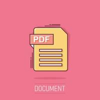 Pdf icon in comic style. Document text vector cartoon illustration on white isolated background. Archive splash effect business concept.