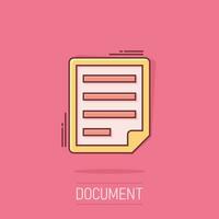 Document note icon in comic style. Paper sheet vector cartoon illustration pictogram. Notepad document business concept splash effect.