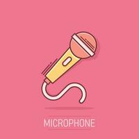 Microphone icon in comic style. Mic broadcast vector cartoon illustration pictogram. Microphone mike speech business concept splash effect.