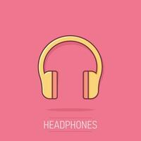 Headphone headset icon in comic style. Headphones vector cartoon illustration pictogram. Audio gadget business concept splash effect.