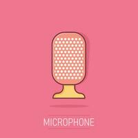 Microphone icon in comic style. Mic broadcast vector cartoon illustration pictogram. Microphone mike speech business concept splash effect.