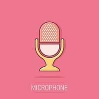 Microphone icon in comic style. Mic broadcast vector cartoon illustration pictogram. Microphone mike speech business concept splash effect.