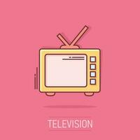 icono de pantalla de tv retro de dibujos animados vectoriales en estilo cómico. pictograma de ilustración de concepto de televisión antigua. concepto de efecto de salpicadura de negocio de pantalla de tv. vector