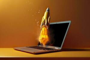 AI generated Launching a new product or service. Technology development process. Space rocket launch. 3d render. Yellow rocket lift up from the display laptop. AI Generative photo