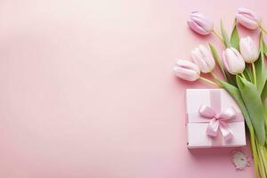 AI generated Pink gift box with ribbon bow and bouquet of tulips on isolated pastel pink background. AI Generated photo