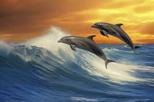 AI generated Playful dolphins jumping over breaking waves. Hawaii Pacific Ocean wildlife scenery. Generative AI photo