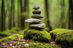 AI generated Pyramid stones balance on old mossy fallen tree. AI Generated photo