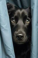 ai generado negro perro echar un vistazo desde detrás cielo azul cortina foto