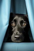AI generated Black dog peeking from behind sky blue curtain photo