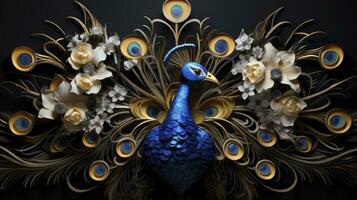 AI generated Blue yellow and gold peacock decor with flowers photo