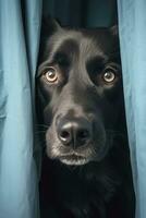 AI generated The dog is hiding behind the curtains and is afraid to go out. photo