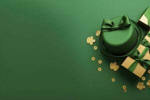 AI generated St Patrick's Day concept. leprechaun headwear gift boxes pot with gold coins. AI Generated photo