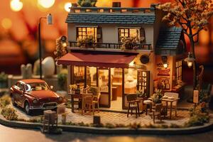 AI generated A charming and cozy coffee shop Set beside a busy highway with Warm and golden sunset light, and a Picturesque sunset view with vibrant colors. AI Generative photo