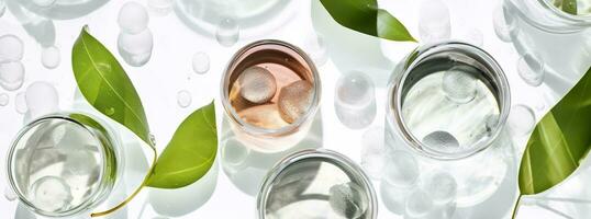AI generated Banner Laboratory glassware, and Petri dishes floating on the surface of the water. AI Generative photo
