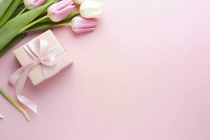 AI generated Pink gift box with ribbon bow and bouquet of tulips on isolated pastel pink background. AI Generated photo