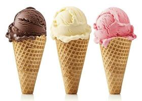 AI generated Chocolate, vanilla and strawberry Ice cream in the cone on white background. AI Generated photo