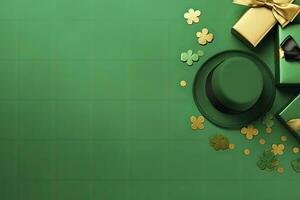 AI generated St Patrick's Day concept. leprechaun headwear gift boxes pot with gold coins. AI Generated photo