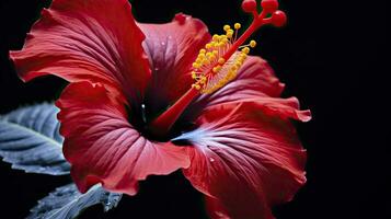 ai generado un hibisco flor con un negro fondo.ai generado. foto