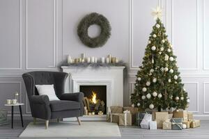 AI generated Modern Living Room With Fireplace, Christmas Tree, Gift Boxes And Armchair. AI Generated photo